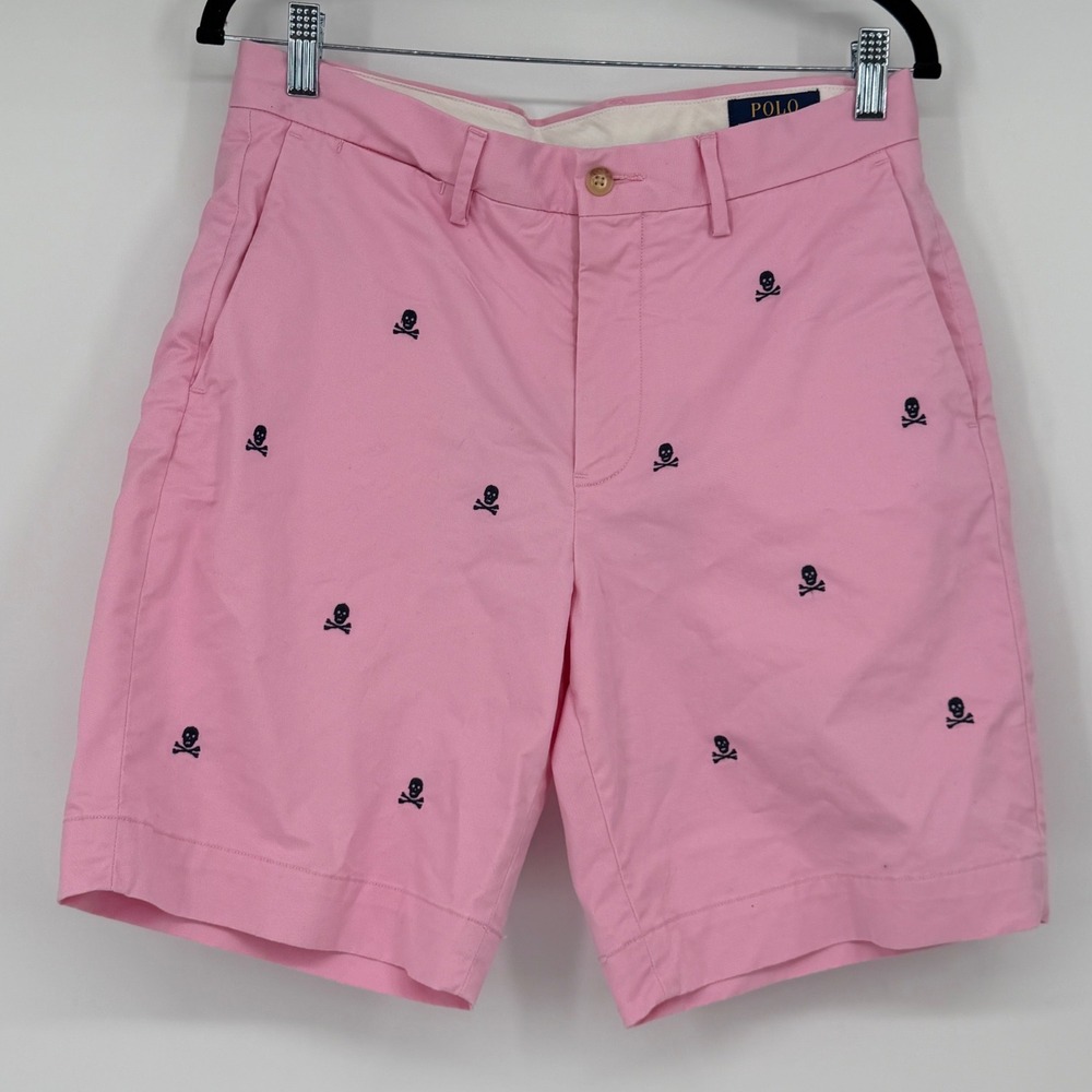Polo Ralph Lauren Mens Pink Skull Crossbones Stretch Classic Fit Shorts Size 30